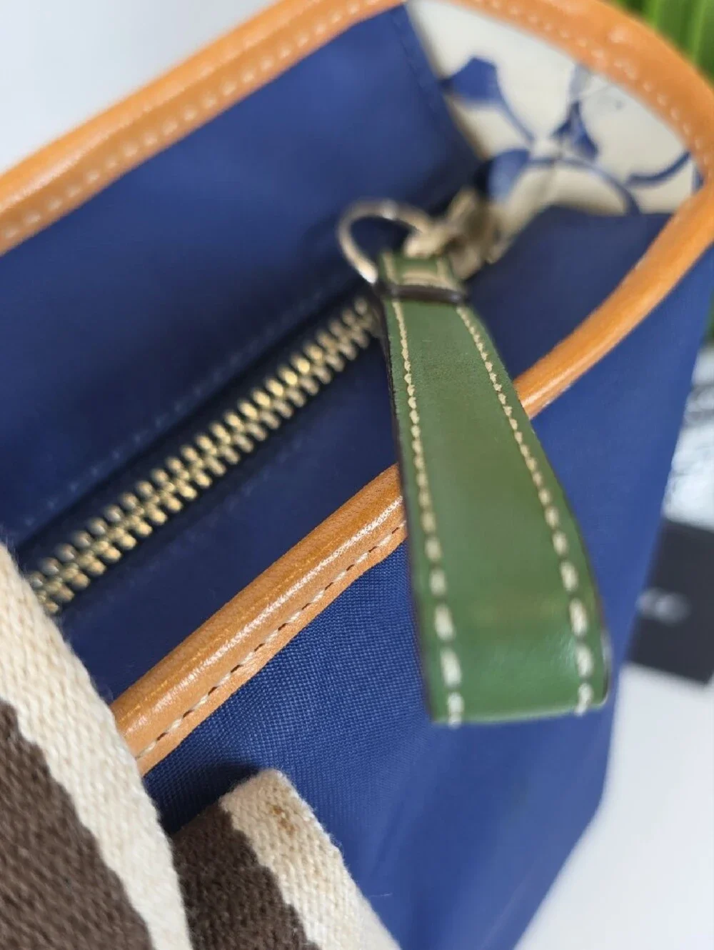 Coach Hampton Y2K Navy Canva Brown Cream Striped Web Handles Green Trim Tote Bag